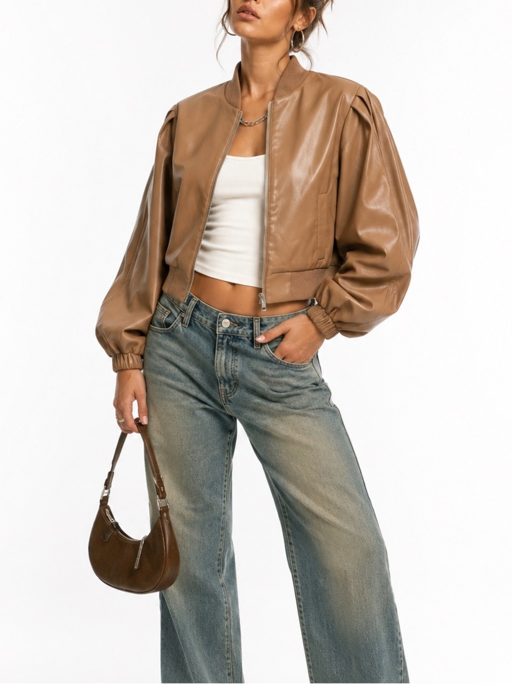 House of Harlow 1960 Tan Cropped Faux Leather Bomber Jacket
